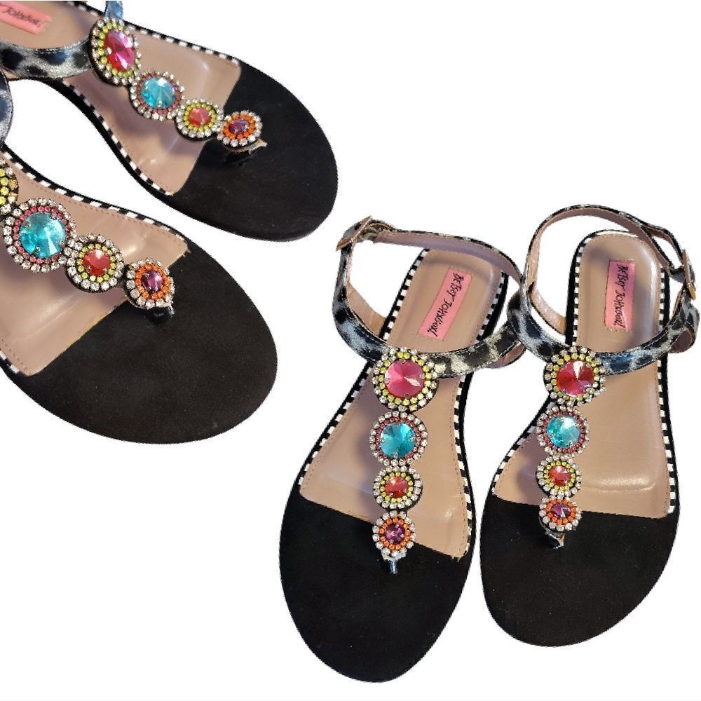Betsey Johnson Black Animal Print Colorful Jeweled T Strap Sandals‎ SZ 7.5